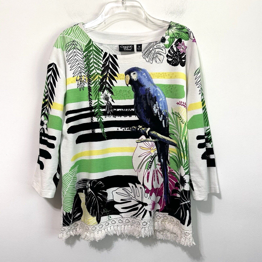 Onque Top M Popover Parrot Macaw Topical Knit Sequin 3/4 Sleeve Birds Fringe Hem